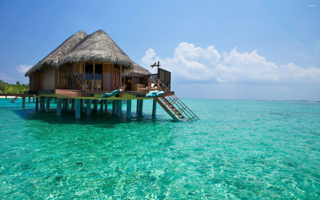 Hut on stilts ocean ladder free wallpaper - medium preview image