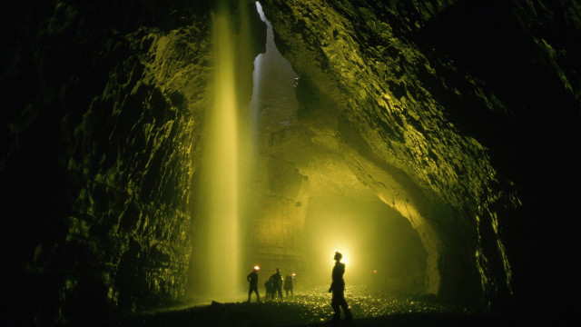 Cave people waterfall light ceiling free wallpaper - medium preview image