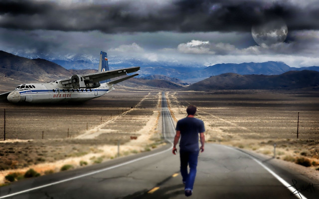 Man walking road plane runway free wallpaper - medium preview image
