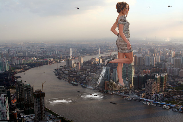 Woman skyscraper city water background free wallpaper for desktop - medium preview image
