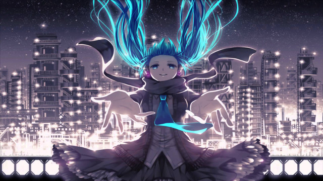 Woman blue hair dress cityscape free wallpaper - medium preview image