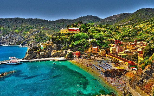 Beach boat mountain town water free wallpaper - medium preview image
