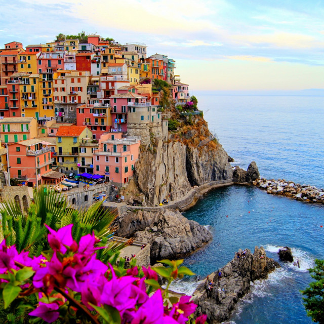 Colorful village cliff ocean purple free wallpaper - medium preview image