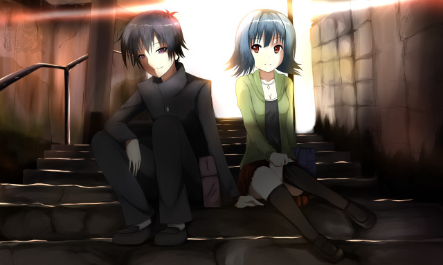 Anime characters sitting steps together free wallpaper - medium preview image