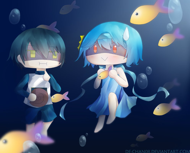 Anime characters standing water fish free wallpaper - medium preview image