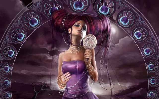 Woman purple dress holding mirror free wallpaper - medium preview image
