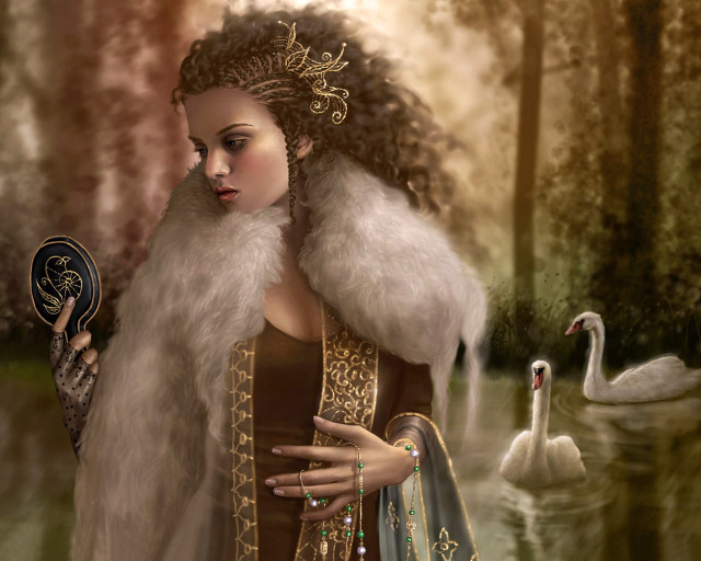 Woman fur coat mirror swan #2 free wallpaper - medium preview image