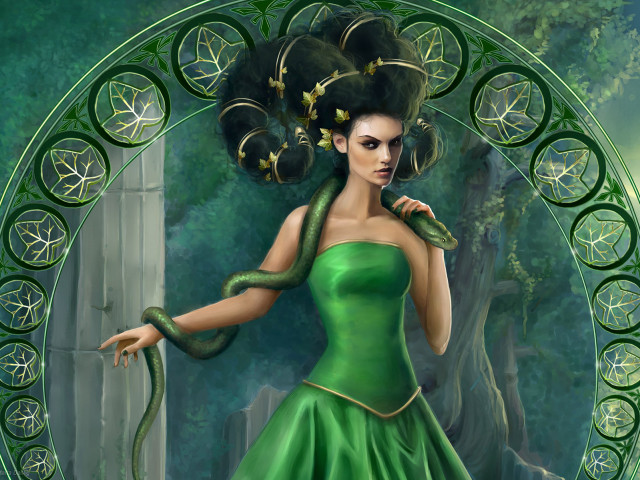 Woman green dress snake shoulder free wallpaper - medium preview image