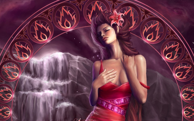 Woman red dress waterfall pink free wallpaper - medium preview image