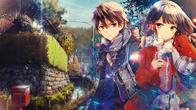 Anime characters tree building light free wallpaper - medium preview image