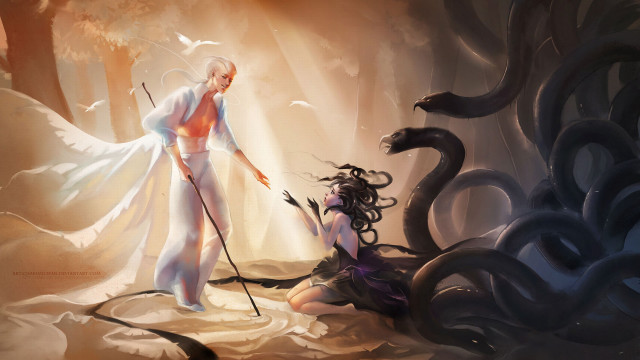 Woman spear snake forest man free wallpaper - medium preview image