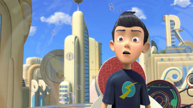 Cartoon character surprised futuristic city free wallpaper - medium preview image