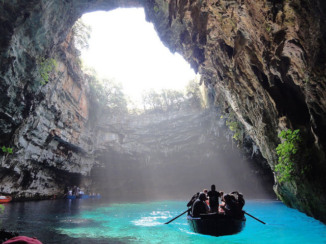 Boat cave blue pool waterfall free wallpaper - medium preview image