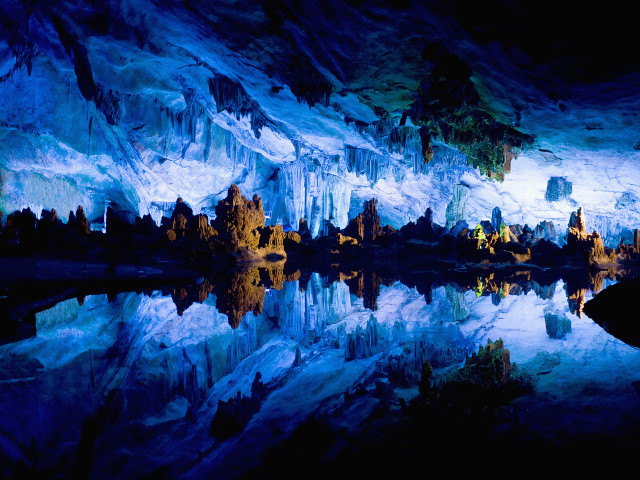 Cave lake mountains night lights free wallpaper - medium preview image