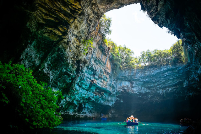 Boat cave group blue water free wallpaper - medium preview image