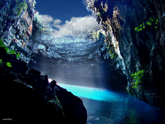 Cave blue pool waterfall nature free wallpaper - medium preview image