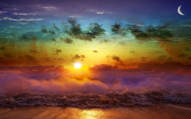 Sunset ocean moon clouds beach free wallpaper - medium preview image