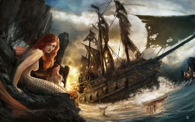 Mermaid rock ship ocean man free wallpaper - medium preview image