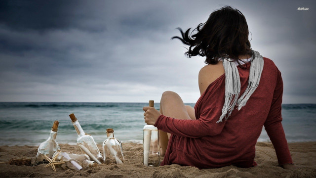Woman beach wine bottles sand free wallpaper - medium preview image