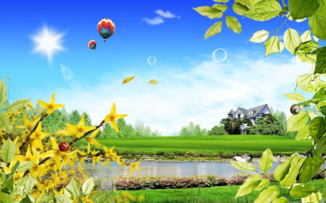 House pond hotairballoon landscape matteart free wallpaper - medium preview image