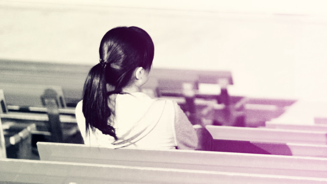 Girl sitting pew church window free wallpaper - medium preview image