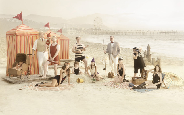 Beach group people tent umbrellas free wallpaper - medium preview image