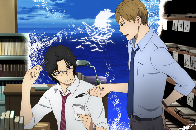 Two people bookshelf ship man free wallpaper - medium preview image