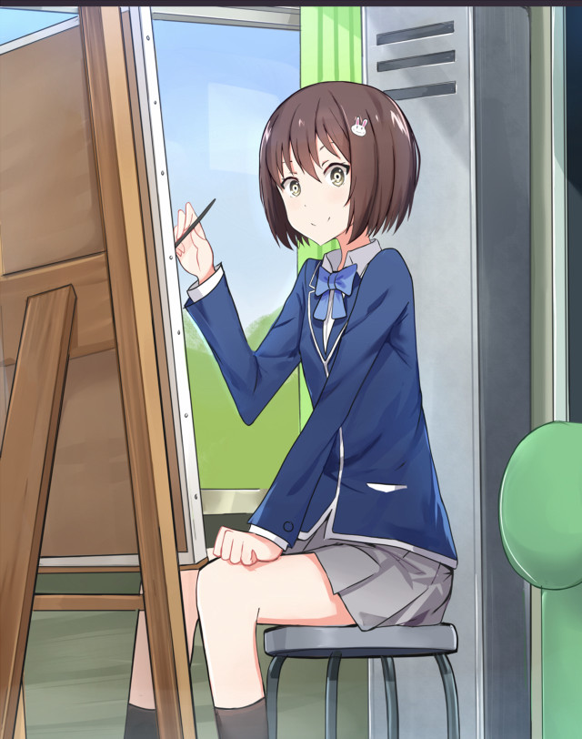 Girl sitting chair easel painting free wallpaper - medium preview image