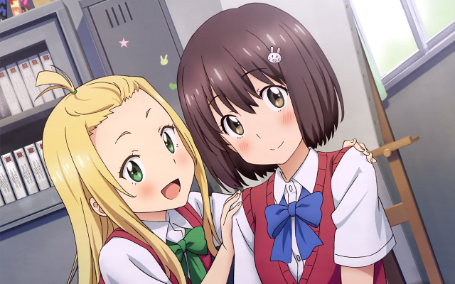 Two girls school uniforms library free wallpaper - medium preview image