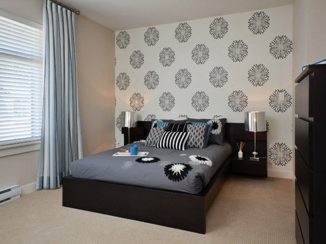 Bedroom blue curtains wallpaper Annabel free wallpaper - medium preview image