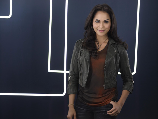 Woman smiling leather jacket neon free wallpaper - medium preview image