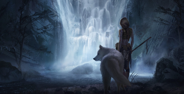 Woman white wolf forest waterfall free wallpaper - medium preview image
