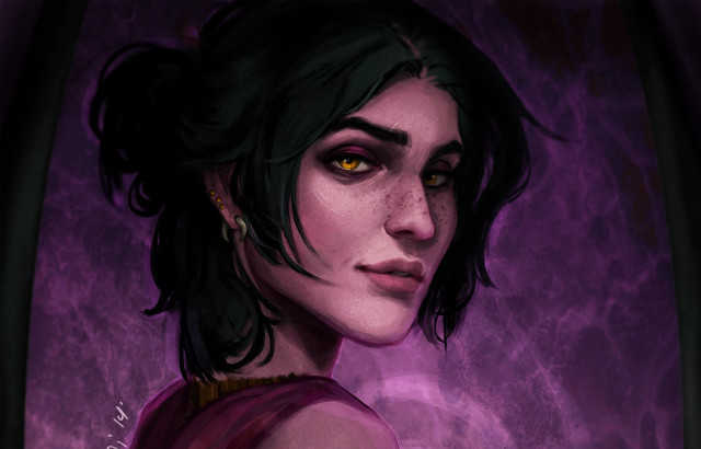 Woman black hair yellow eyes free wallpaper - medium preview image