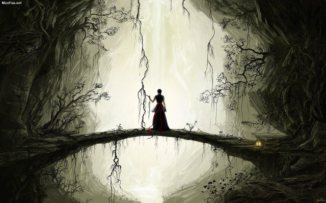Man woman bridge forest sky free wallpaper - medium preview image