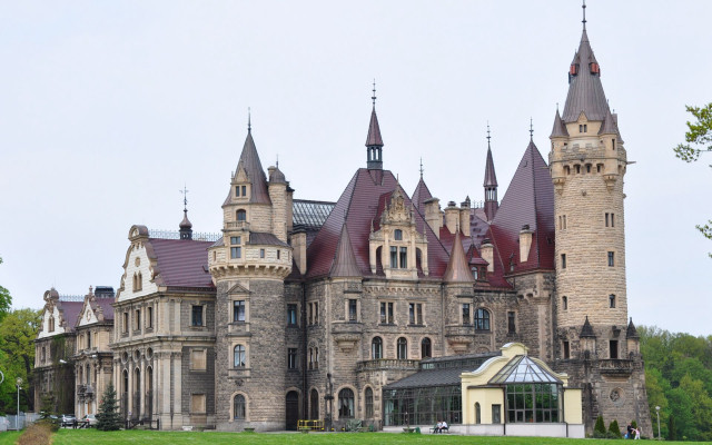 Castle clocktower sidewalk grassy area free wallpaper - medium preview image