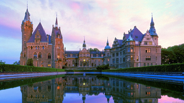 Castle pond dusk pink sky free wallpaper - medium preview image