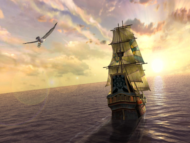 Bird flying ship ocean sunset free wallpaper - medium preview image