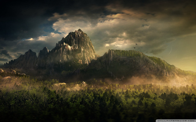 Mountain forest cloudy sky birds free wallpaper - medium preview image