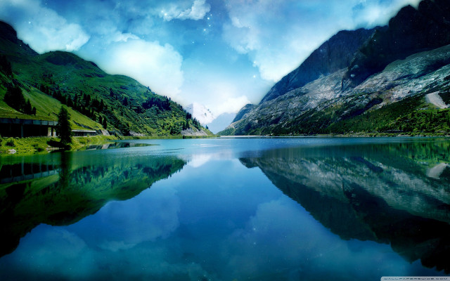 Lake mountains forest cloudy sky free wallpaper - medium preview image