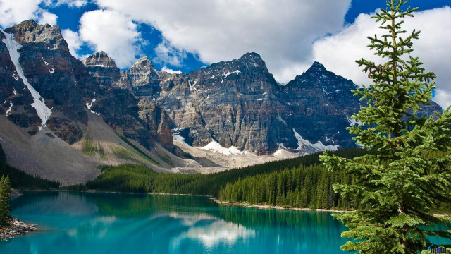 Mountain lake trees snow clouds free wallpaper - medium preview image