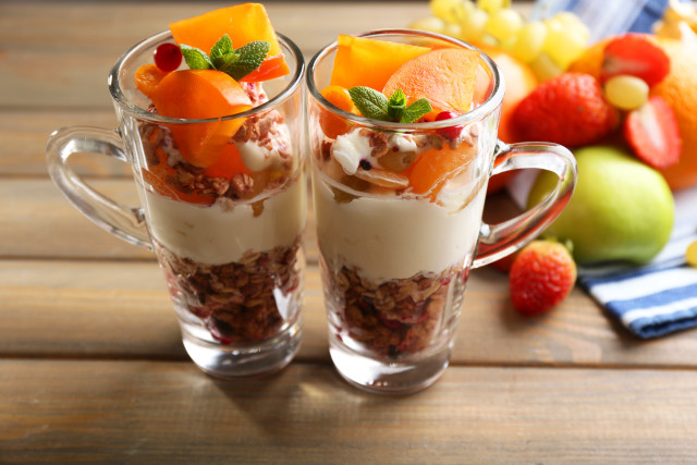Fruit yogurt glasses table background free wallpaper - medium preview image