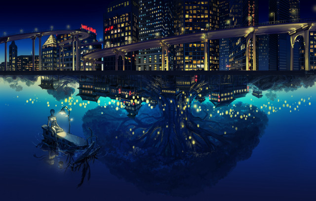 City night boat bridge lights free wallpaper - medium preview image