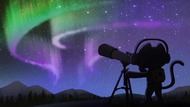 Person looking aurora borealis telescope free wallpaper - medium preview image