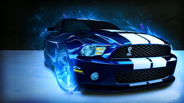 Blue mustang white stripes flames free wallpaper - medium preview image