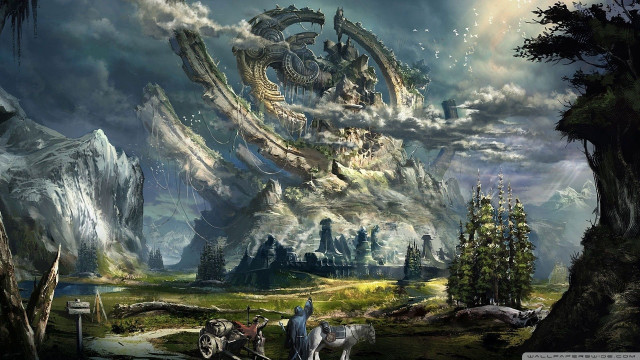 Mountain structure horse carriage painting free wallpaper - medium preview image