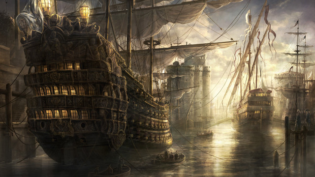 Ship harbor city background painting #2 free wallpaper - medium preview image