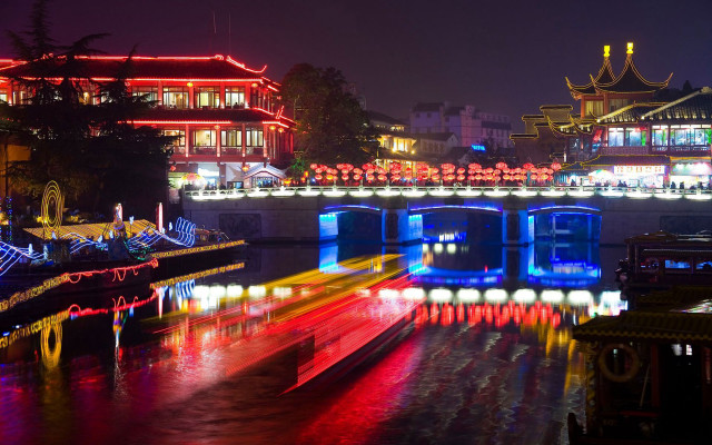 River bridge building night lights free wallpaper - medium preview image