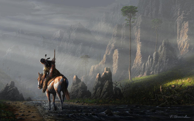 Men horses mountains stream trees free wallpaper - medium preview image