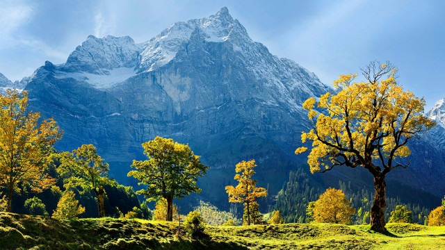 Mountain range trees grass clouds free wallpaper - medium preview image