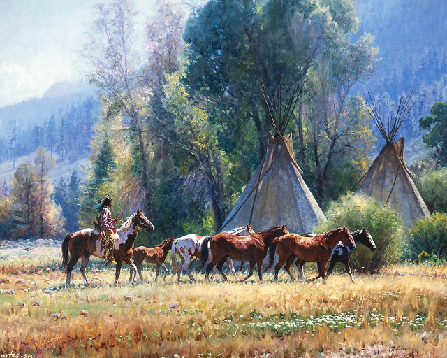 Native american village horses teepee free wallpaper - medium preview image